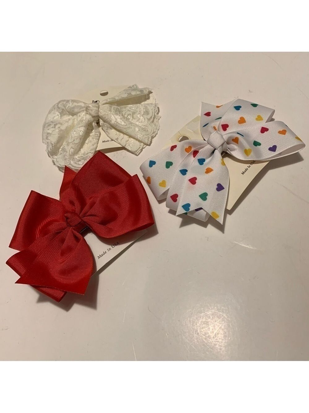BOWS ETC. three vintage bow hair barrettes white lace red white hearts new